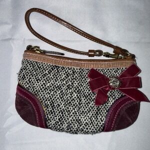 Coach Tweed Mini Y2K Bag Wristlet Wool Suede Velvet Trim Jewel Bow Gray Maroon